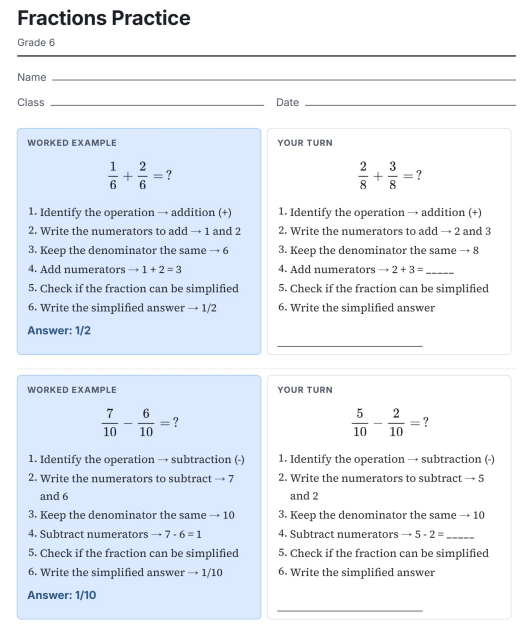 Grade 6 fractions scaffolded worksheet showing worked examples for adding and subtracting fractions with the same denominator