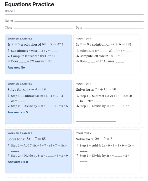 Grade 7 fractions scaffolded worksheet showing worked examples for adding and subtracting fractions with different denominators