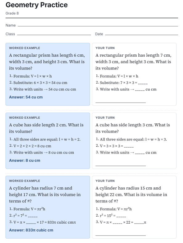 Scaffolded math worksheet sample showing a worked example alongside a Your Turn problem for students to complete