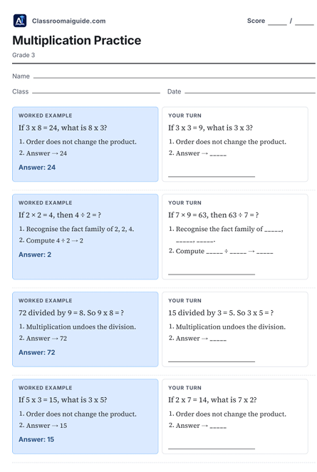 Grade 3 multiplication scaffolded worksheet showing a worked example for equal groups next to a Your Turn problem